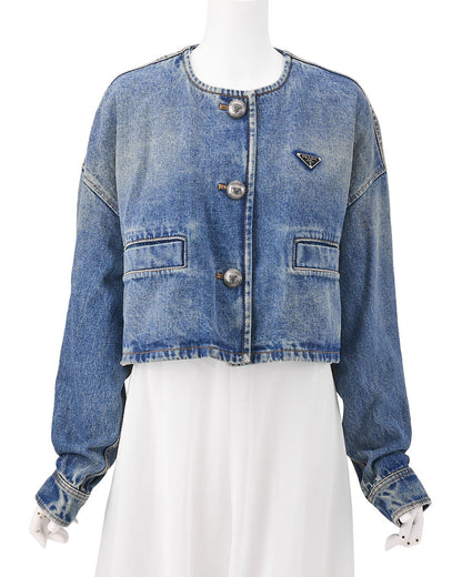 [Returns Allowed] PRADA Prada Triangle Logo Denim Jacket Long Sleeve Tops Size 36 Distressed Blue Silver-Tone Hardware, Pre-Owned