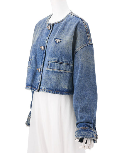 [Returns Allowed] PRADA Prada Triangle Logo Denim Jacket Long Sleeve Tops Size 36 Distressed Blue Silver-Tone Hardware, Pre-Owned