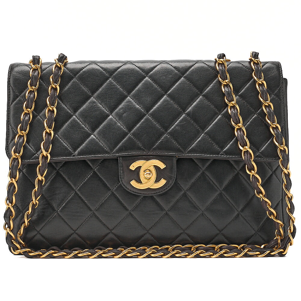 CHANEL Chain Shoulder Bag Deka Matelasse 30cm Single Flap Lambskin Black Gold-Tone Hardware, Pre-Owned