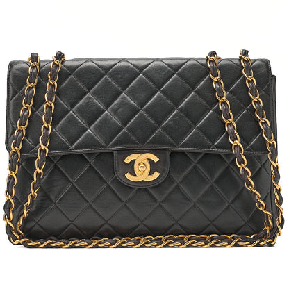 CHANEL Chain Shoulder Bag Deka Matelasse 30cm Single Flap Lambskin Black Gold-Tone Hardware, Pre-Owned