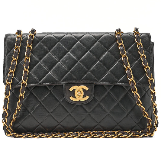 CHANEL Chain Shoulder Bag Deka Matelasse 30cm Single Flap Lambskin Black Gold-Tone Hardware, Pre-Owned