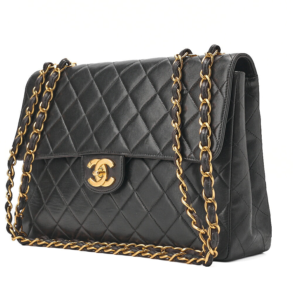 CHANEL Chain Shoulder Bag Deka Matelasse 30cm Single Flap Lambskin Black Gold-Tone Hardware, Pre-Owned