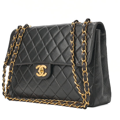 CHANEL Chain Shoulder Bag Deka Matelasse 30cm Single Flap Lambskin Black Gold-Tone Hardware, Pre-Owned