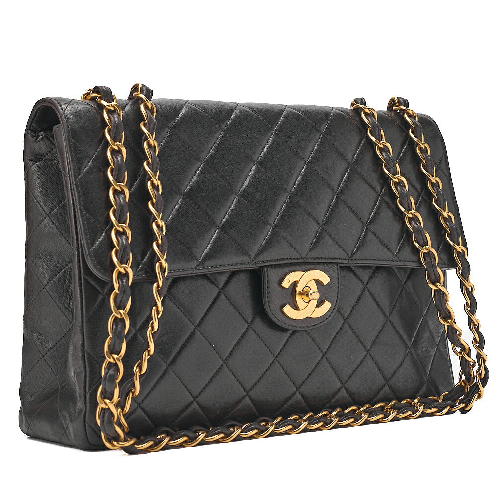CHANEL Chain Shoulder Bag Deka Matelasse 30cm Single Flap Lambskin Black Gold-Tone Hardware, Pre-Owned