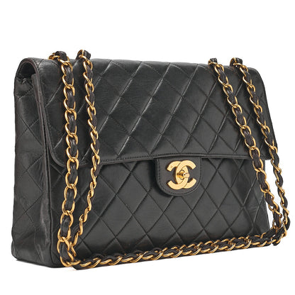 CHANEL Chain Shoulder Bag Deka Matelasse 30cm Single Flap Lambskin Black Gold-Tone Hardware, Pre-Owned