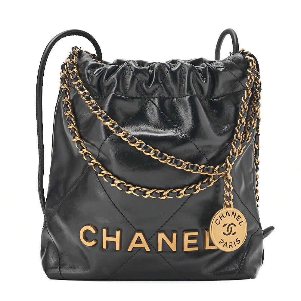 CHANEL Chanel Chanel 22 Mini Calfskin Black Drawstring Chain Shoulder Bag Gold-Tone Hardware, Pre-Owned