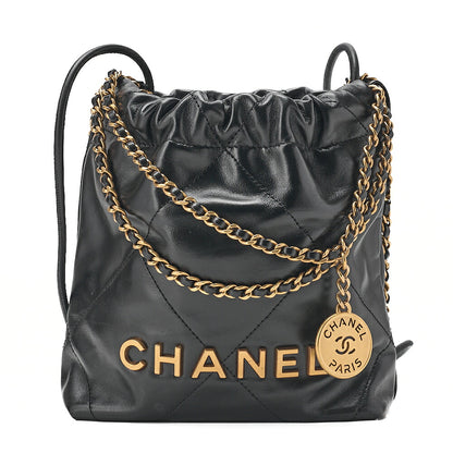 CHANEL Chanel Chanel 22 Mini Calfskin Black Drawstring Chain Shoulder Bag Gold-Tone Hardware, Pre-Owned