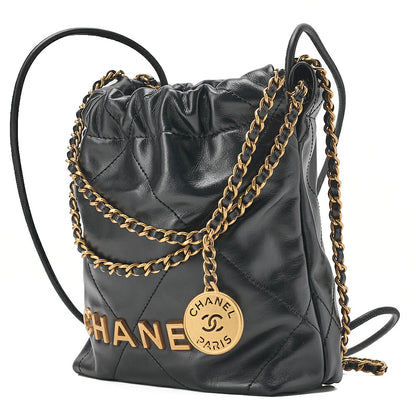 CHANEL Chanel Chanel 22 Mini Calfskin Black Drawstring Chain Shoulder Bag Gold-Tone Hardware, Pre-Owned
