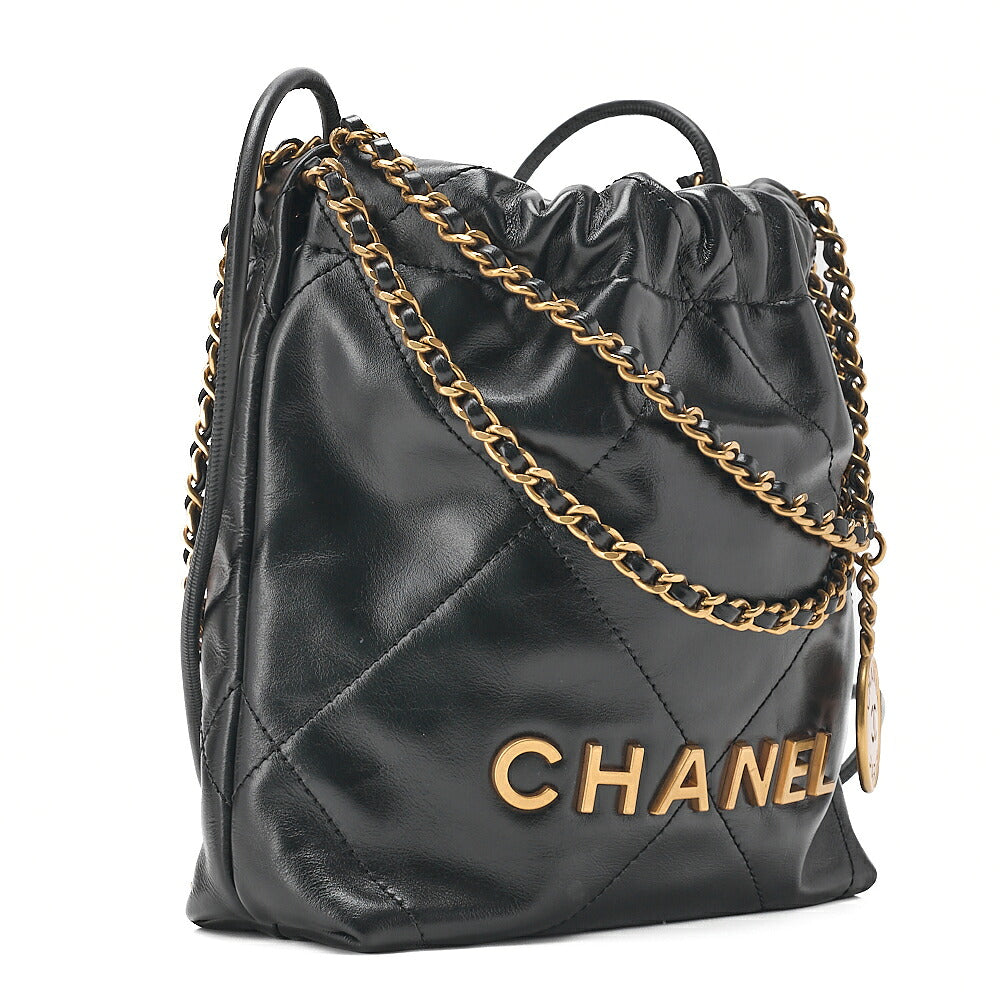CHANEL Chanel Chanel 22 Mini Calfskin Black Drawstring Chain Shoulder Bag Gold-Tone Hardware, Pre-Owned