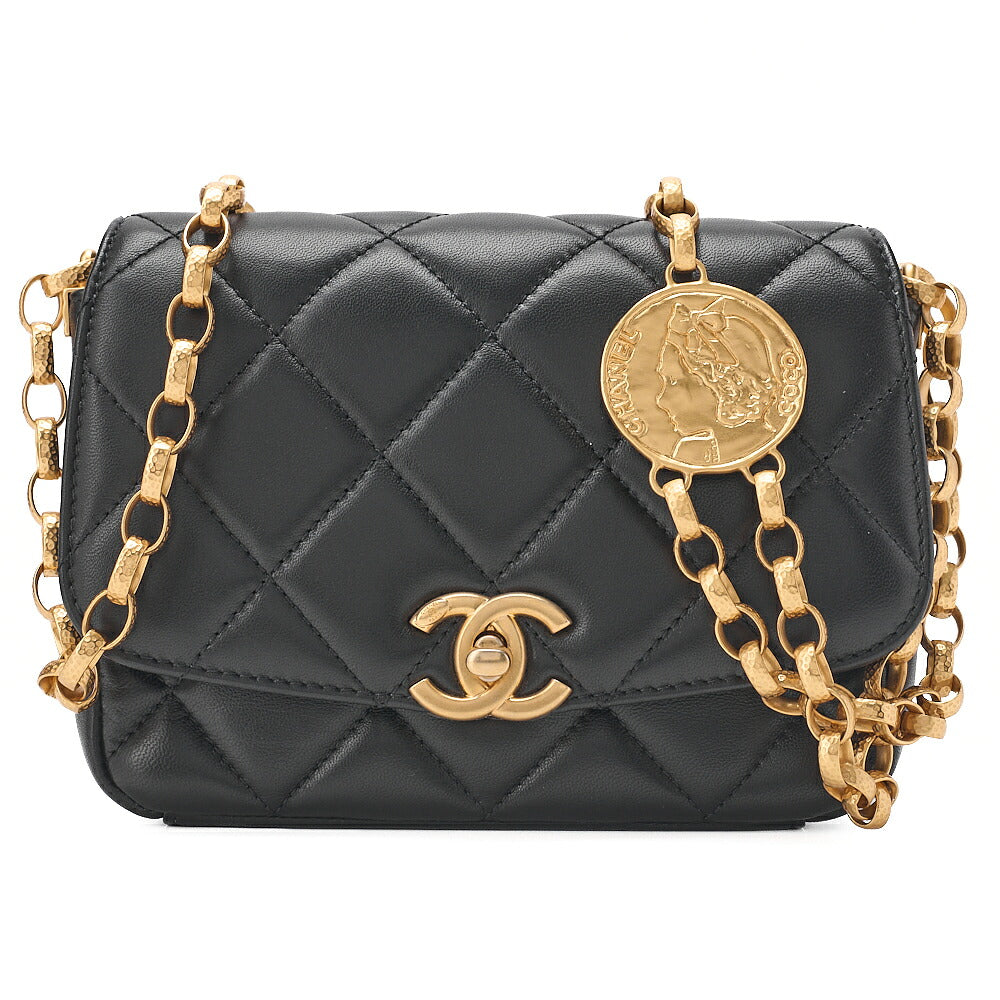 CHANEL Lambskin Mini Matelasse 17cm Single Flap Turn Lock Chain Shoulder Black Gold-Tone Hardware, Pre-Owned