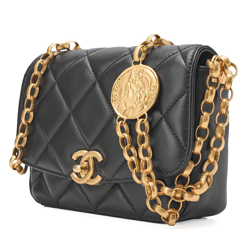 CHANEL Lambskin Mini Matelasse 17cm Single Flap Turn Lock Chain Shoulder Black Gold-Tone Hardware, Pre-Owned