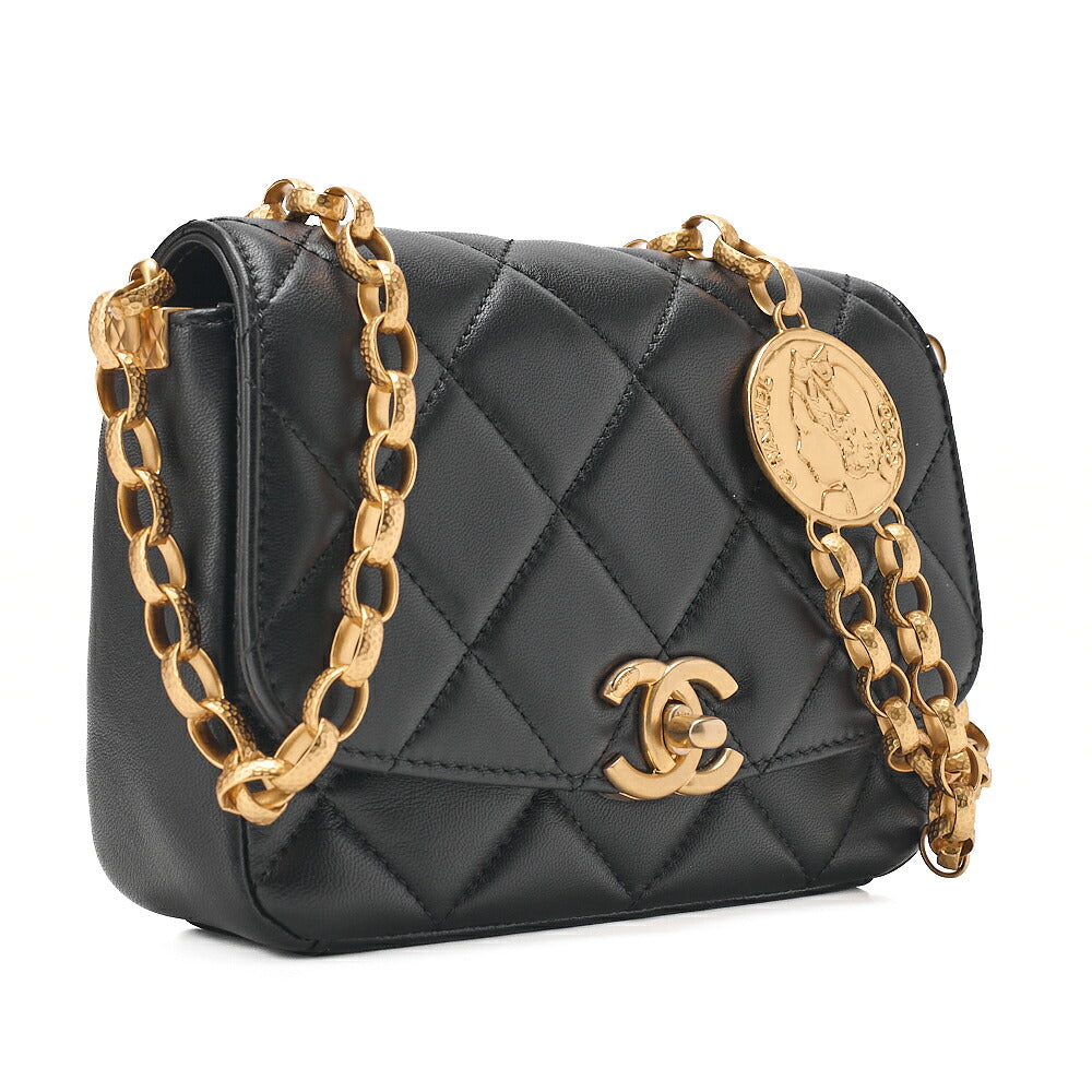 CHANEL Lambskin Mini Matelasse 17cm Single Flap Turn Lock Chain Shoulder Black Gold-Tone Hardware, Pre-Owned