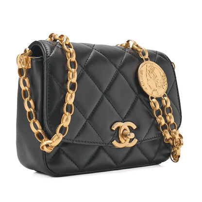 CHANEL Lambskin Mini Matelasse 17cm Single Flap Turn Lock Chain Shoulder Black Gold-Tone Hardware, Pre-Owned