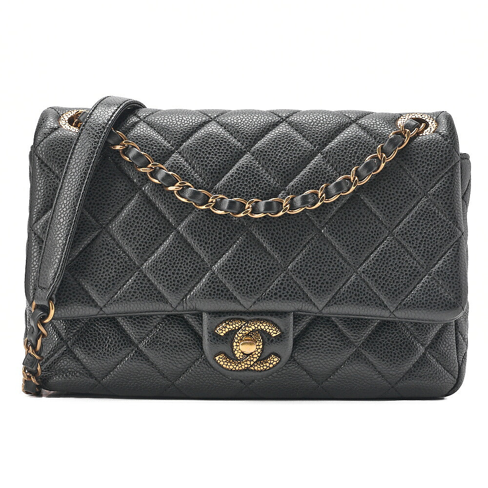 CHANEL Caviar Skin Matelasse Turn Lock Single Flap Chain Shoulder Black Gold-Tone Hardware, Pre-Owned