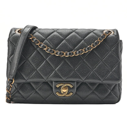 CHANEL Caviar Skin Matelasse Turn Lock Single Flap Chain Shoulder Black Gold-Tone Hardware, Pre-Owned