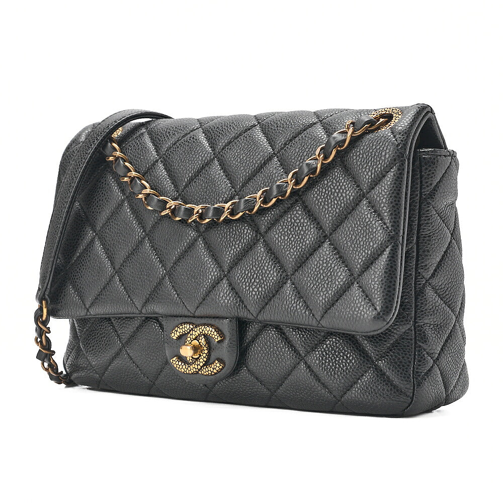 CHANEL Caviar Skin Matelasse Turn Lock Single Flap Chain Shoulder Black Gold-Tone Hardware, Pre-Owned