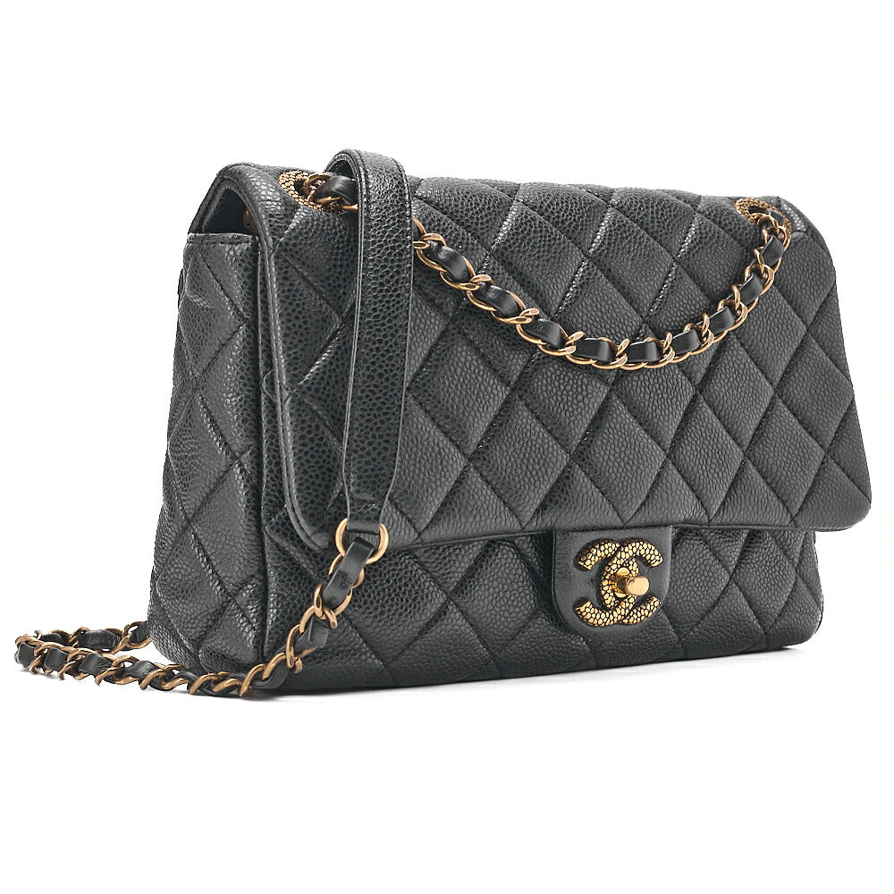 CHANEL Caviar Skin Matelasse Turn Lock Single Flap Chain Shoulder Black Gold-Tone Hardware, Pre-Owned