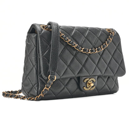 CHANEL Caviar Skin Matelasse Turn Lock Single Flap Chain Shoulder Black Gold-Tone Hardware, Pre-Owned