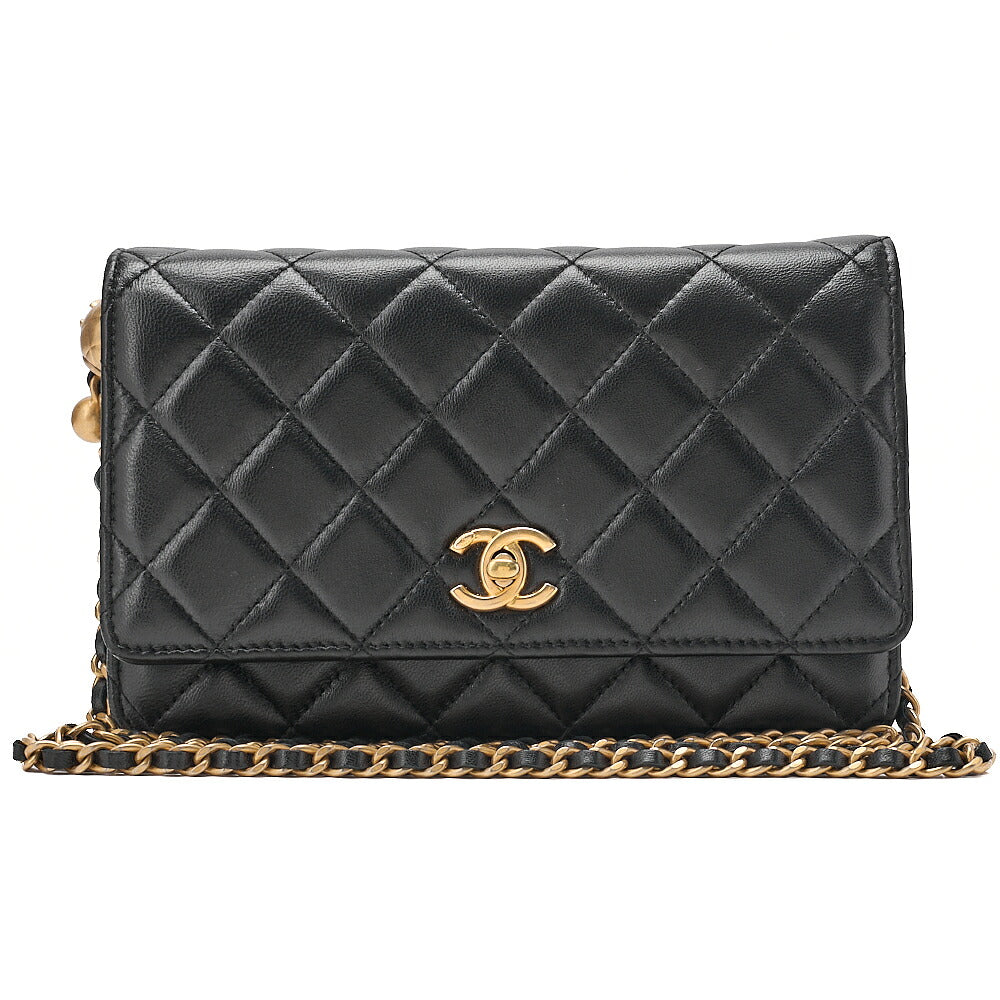 CHANEL Lambskin Matelasse Coco Mark Ball Chain Wallet Lambskin Black Gold-Tone Hardware, Pre-Owned