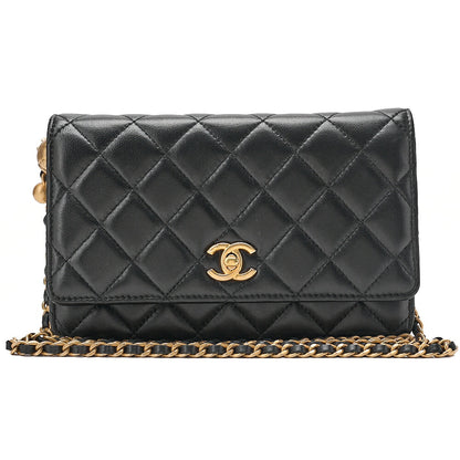 CHANEL Lambskin Matelasse Coco Mark Ball Chain Wallet Lambskin Black Gold-Tone Hardware, Pre-Owned