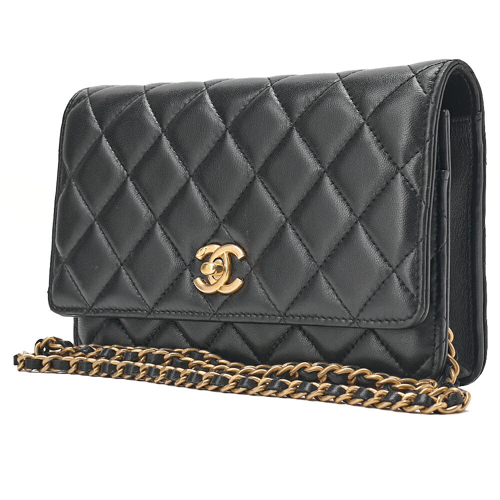 CHANEL Lambskin Matelasse Coco Mark Ball Chain Wallet Lambskin Black Gold-Tone Hardware, Pre-Owned