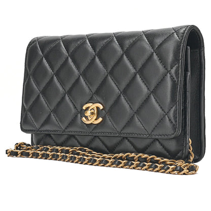 CHANEL Lambskin Matelasse Coco Mark Ball Chain Wallet Lambskin Black Gold-Tone Hardware, Pre-Owned