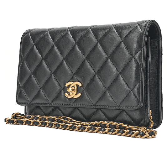 CHANEL Lambskin Matelasse Coco Mark Ball Chain Wallet Lambskin Black Gold-Tone Hardware, Pre-Owned