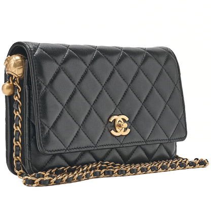 CHANEL Lambskin Matelasse Coco Mark Ball Chain Wallet Lambskin Black Gold-Tone Hardware, Pre-Owned