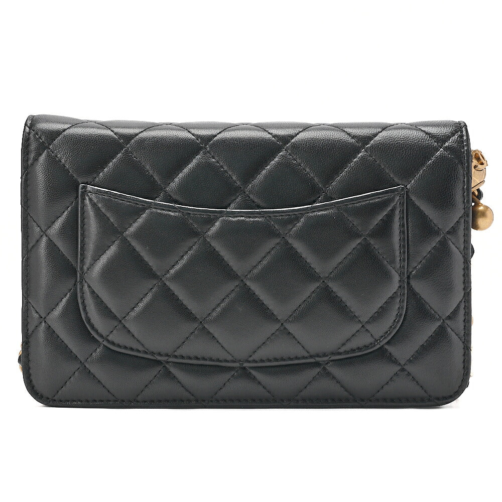 CHANEL Lambskin Matelasse Coco Mark Ball Chain Wallet Lambskin Black Gold-Tone Hardware, Pre-Owned