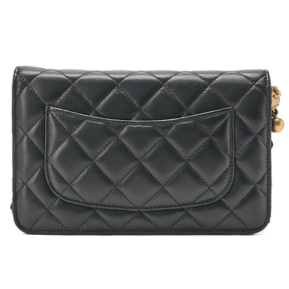 CHANEL Lambskin Matelasse Coco Mark Ball Chain Wallet Lambskin Black Gold-Tone Hardware, Pre-Owned