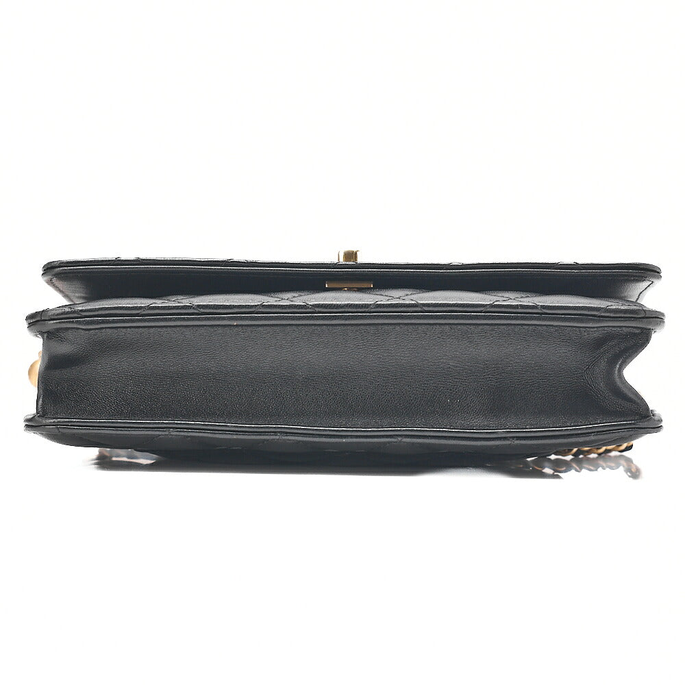 CHANEL Lambskin Matelasse Coco Mark Ball Chain Wallet Lambskin Black Gold-Tone Hardware, Pre-Owned