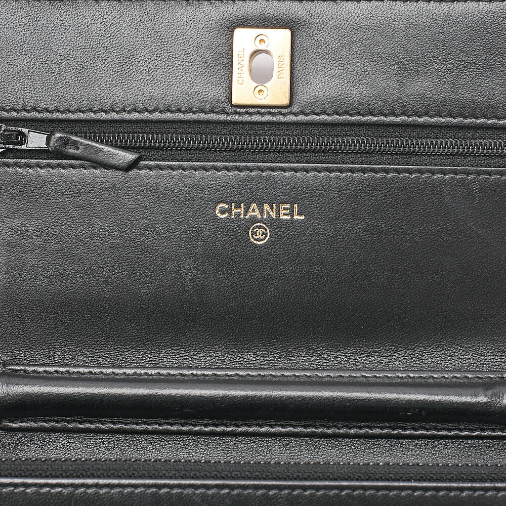 CHANEL Lambskin Matelasse Coco Mark Ball Chain Wallet Lambskin Black Gold-Tone Hardware, Pre-Owned