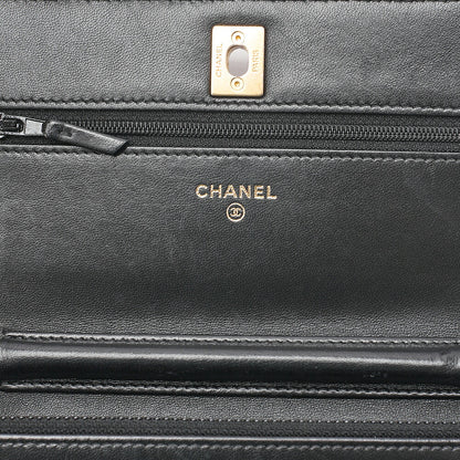 CHANEL Lambskin Matelasse Coco Mark Ball Chain Wallet Lambskin Black Gold-Tone Hardware, Pre-Owned