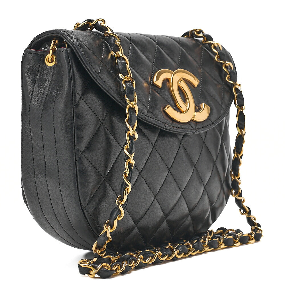 CHANEL Matelasse Deka Coco Round Flap Push Lock Chain Shoulder Lambskin Black Gold-Tone Hardware, Pre-Owned