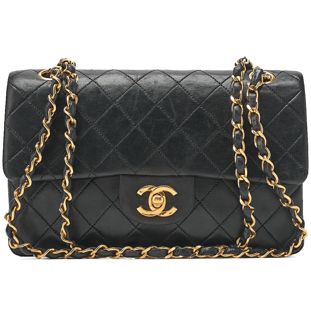 CHANEL Matelasse Double Flap 23cm Chain Shoulder Lambskin Black Gold-Tone Hardware, Pre-Owned