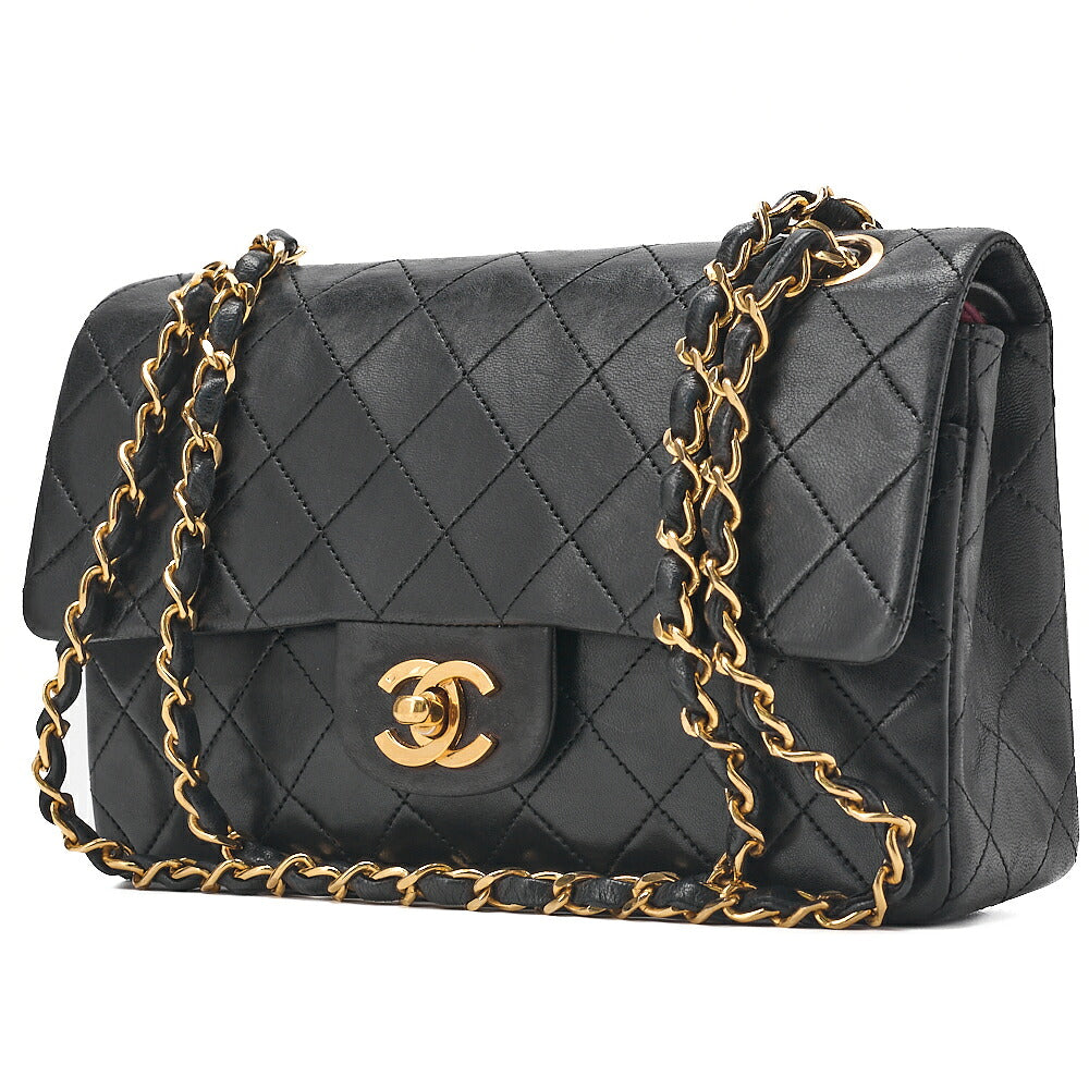 CHANEL Matelasse Double Flap 23cm Chain Shoulder Lambskin Black Gold-Tone Hardware, Pre-Owned