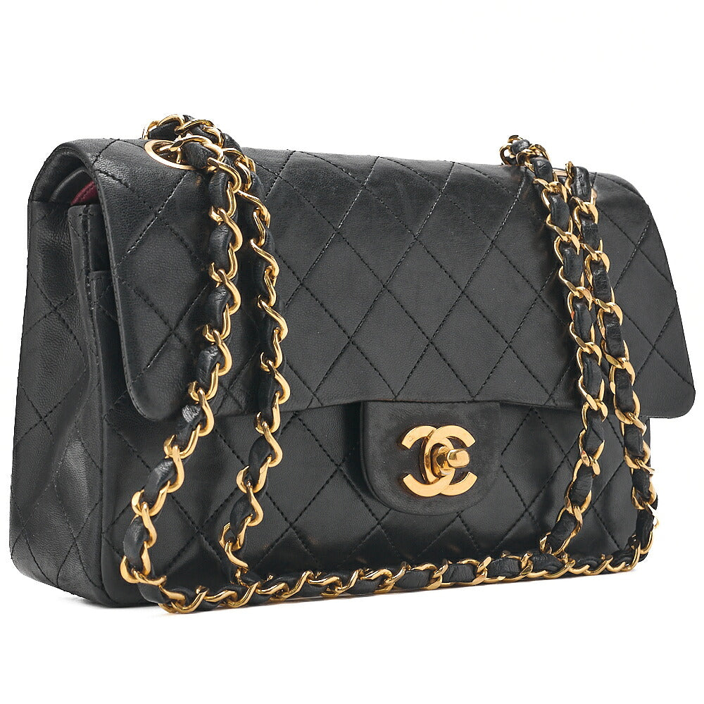 CHANEL Matelasse Double Flap 23cm Chain Shoulder Lambskin Black Gold-Tone Hardware, Pre-Owned