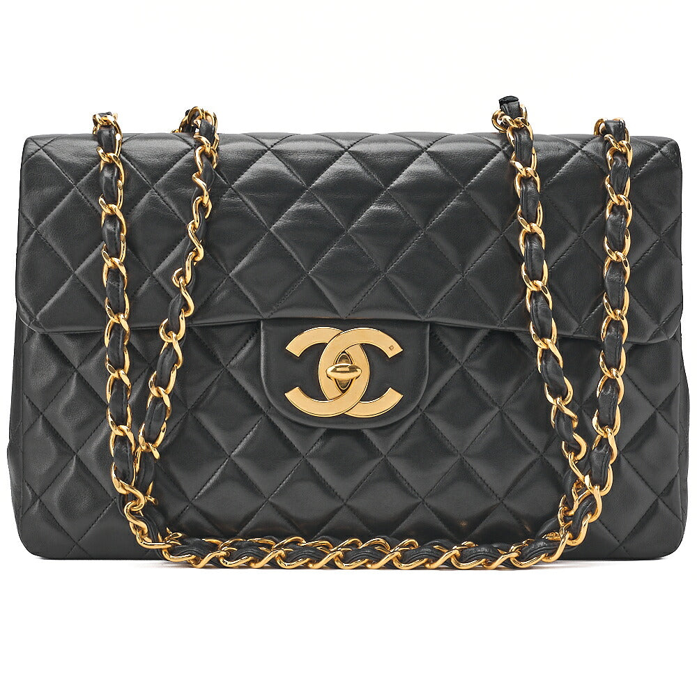 CHANEL Chain Shoulder Bag Deca Matelasse 33cm Single Flap Lambskin Black Gold-Tone Hardware, Pre-Owned