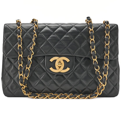 CHANEL Chain Shoulder Bag Deca Matelasse 33cm Single Flap Lambskin Black Gold-Tone Hardware, Pre-Owned