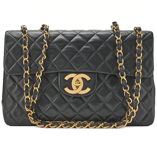 CHANEL Chain Shoulder Bag Deca Matelasse 33cm Single Flap Lambskin Black Gold-Tone Hardware, Pre-Owned
