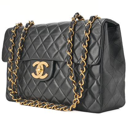 CHANEL Chain Shoulder Bag Deca Matelasse 33cm Single Flap Lambskin Black Gold-Tone Hardware, Pre-Owned