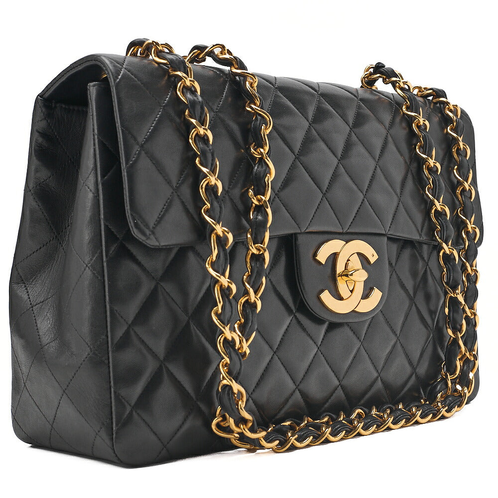 CHANEL Chain Shoulder Bag Deca Matelasse 33cm Single Flap Lambskin Black Gold-Tone Hardware, Pre-Owned