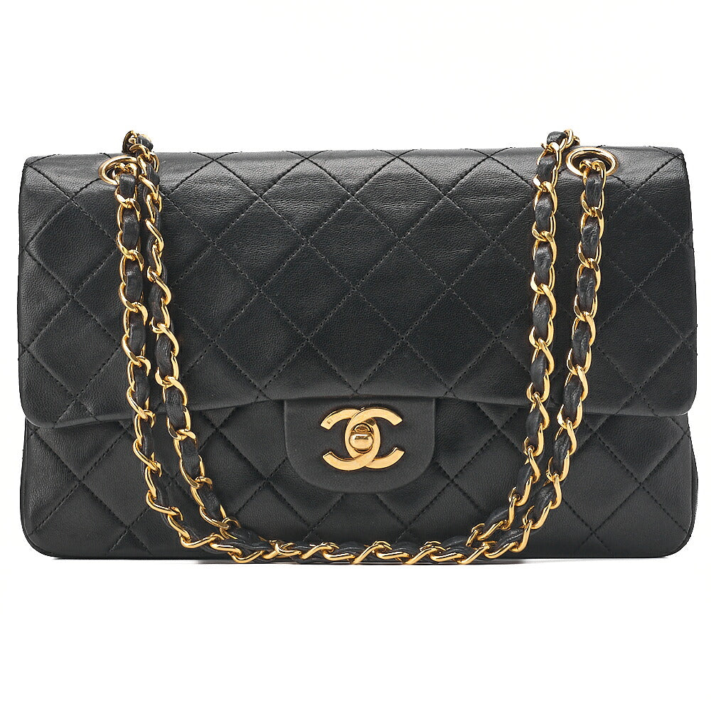 CHANEL Lambskin Matelasse 25cm Double Flap Chain Shoulder Black Gold-Tone Hardware, Pre-Owned