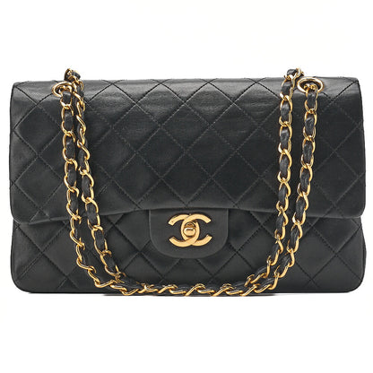CHANEL Lambskin Matelasse 25cm Double Flap Chain Shoulder Black Gold-Tone Hardware, Pre-Owned