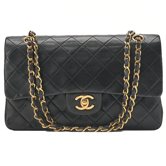 CHANEL Lambskin Matelasse 25cm Double Flap Chain Shoulder Black Gold-Tone Hardware, Pre-Owned