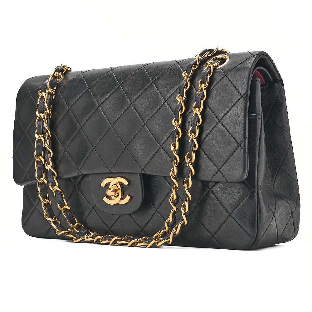 CHANEL Lambskin Matelasse 25cm Double Flap Chain Shoulder Black Gold-Tone Hardware, Pre-Owned