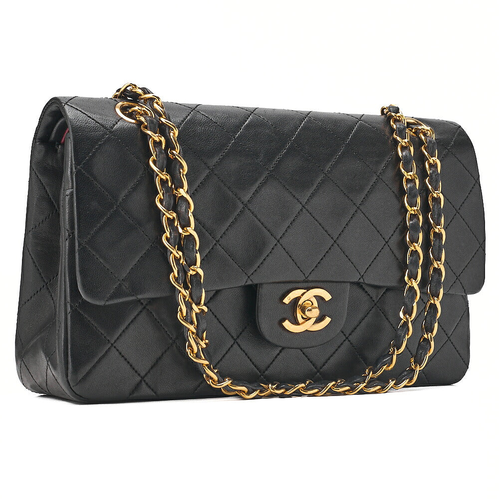 CHANEL Lambskin Matelasse 25cm Double Flap Chain Shoulder Black Gold-Tone Hardware, Pre-Owned