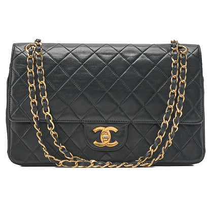 CHANEL Lambskin Matelasse Double Straight Flap Chain Shoulder Black Gold-Tone Hardware, Pre-Owned