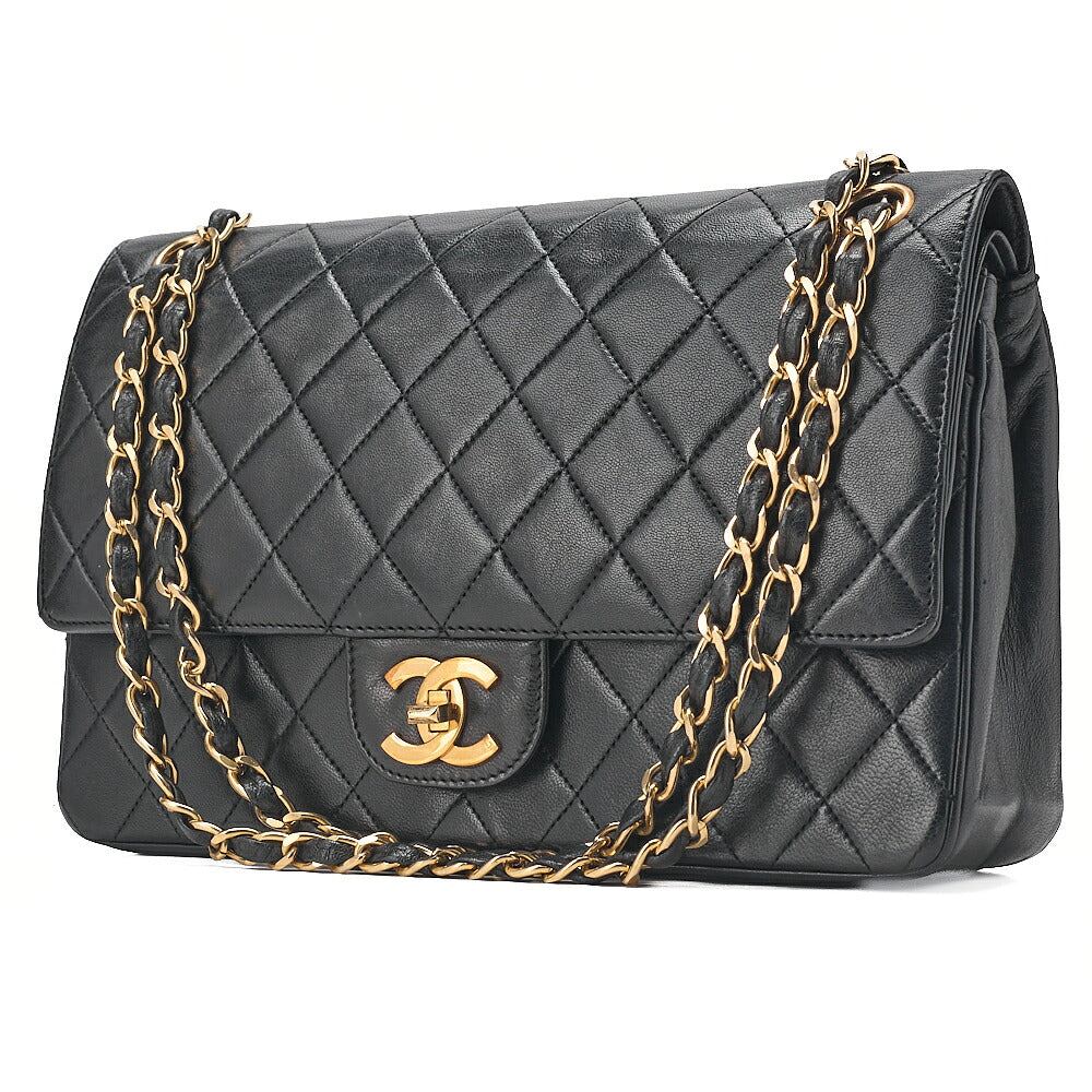 CHANEL Lambskin Matelasse Double Straight Flap Chain Shoulder Black Gold-Tone Hardware, Pre-Owned