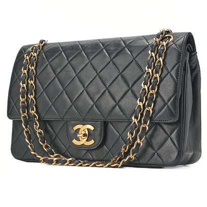CHANEL Lambskin Matelasse Double Straight Flap Chain Shoulder Black Gold-Tone Hardware, Pre-Owned